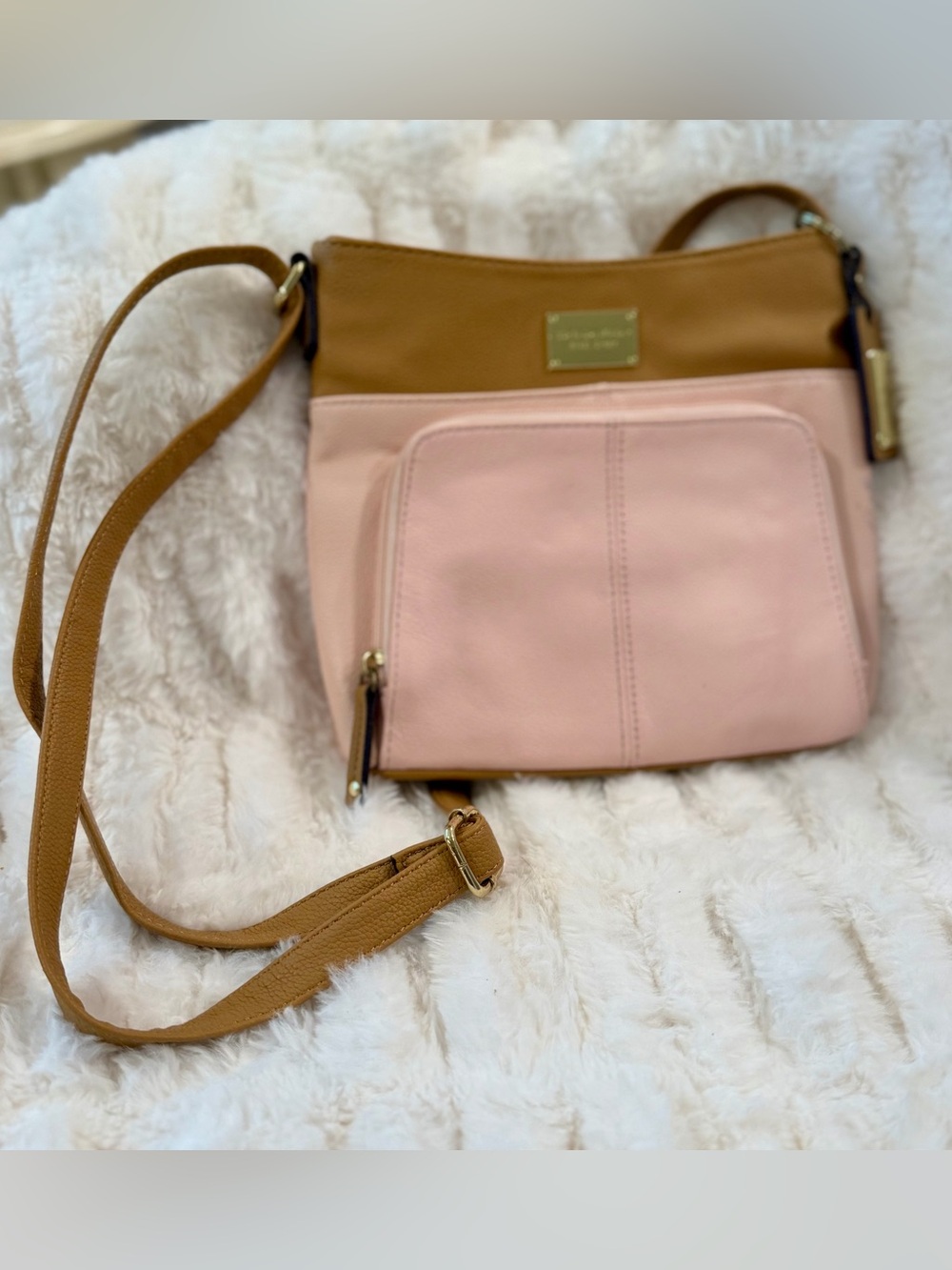Tignanello Pink and Tan Leather Crossbody Bag